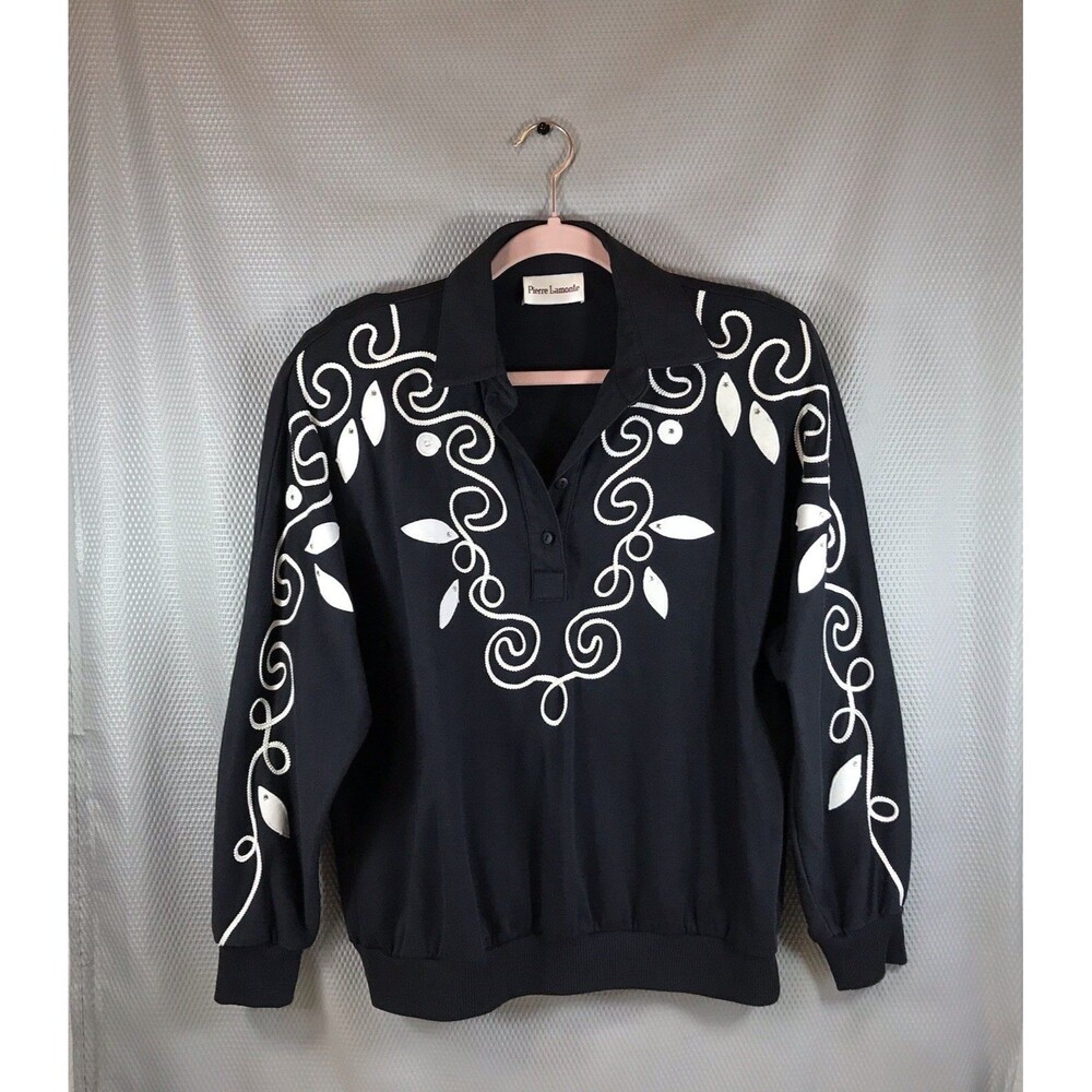 Vintage Pierre Lamonte Black Acrylic Floral Embroidered Button Sweater Size L